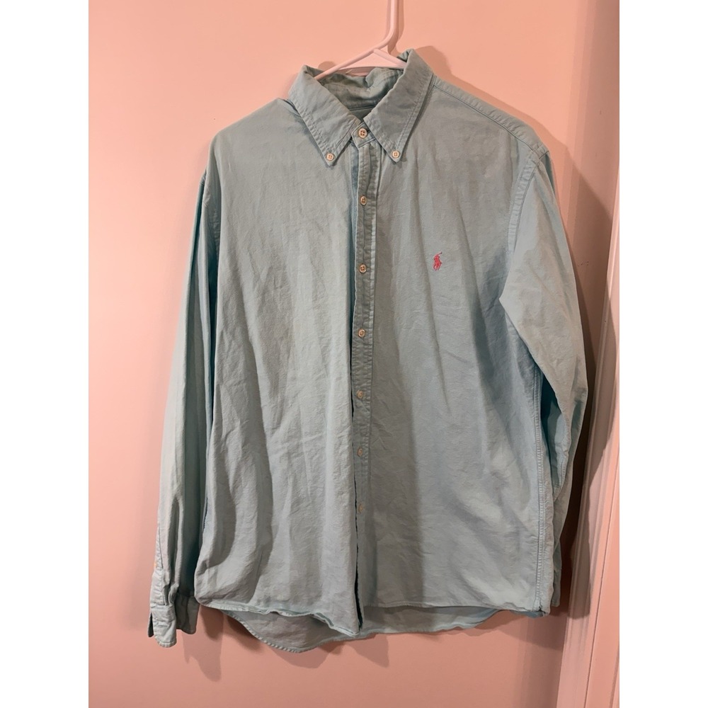 Shirt Mens Large Teal Button Down Long‎ Sleeve Pink Pony